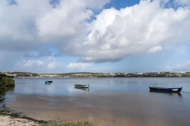 Barcos tradicionais na Lagoa de Óbidos, com as nuvens refletidas na água